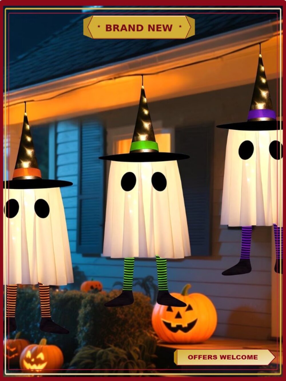 Set of 3 LED Hanging Ghost Decorations Witch Hat Lights Indoor Outdoor Yard